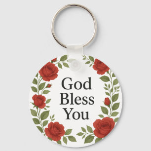God Bless You Religious Rose Floral Keychain