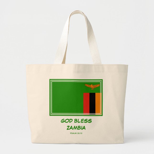 GOD BLESS ZAMBIA Patriotic Zambian Flag Large Tote Bag (Front)