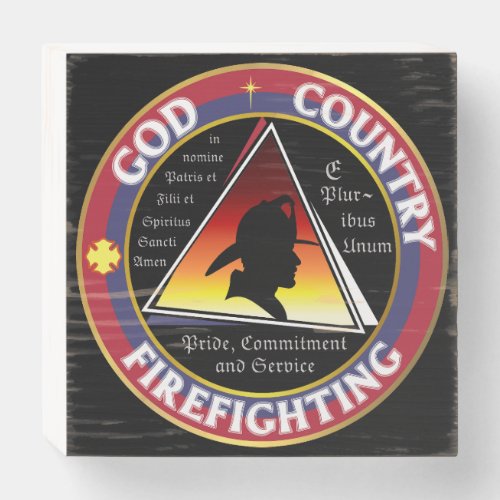 God Country Firefighting Red White Blue Round Logo Wooden Box Sign