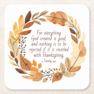 God Created Good Thanksgiving Wreath Neutrals Square Paper Coaster