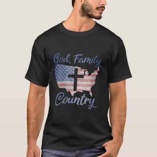 GOD FAMILY COUNTRY Christian Cross American Flag L T_Shirt