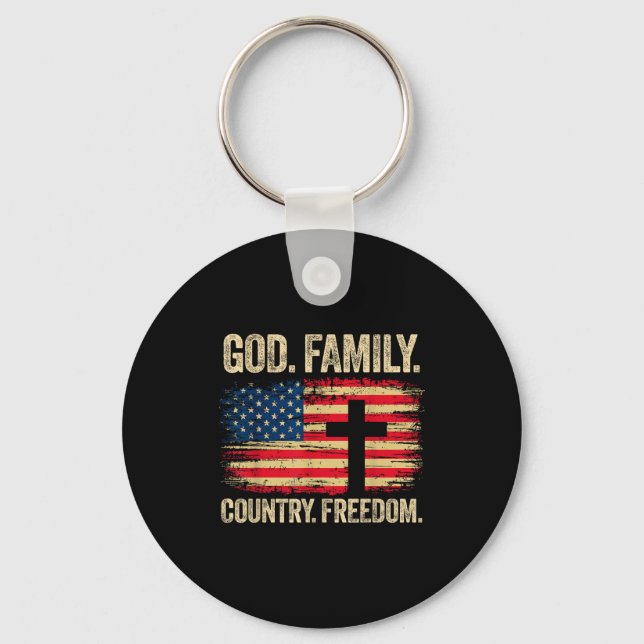 God Family Country Dom Usa Flag Cross  Keychain (Front)