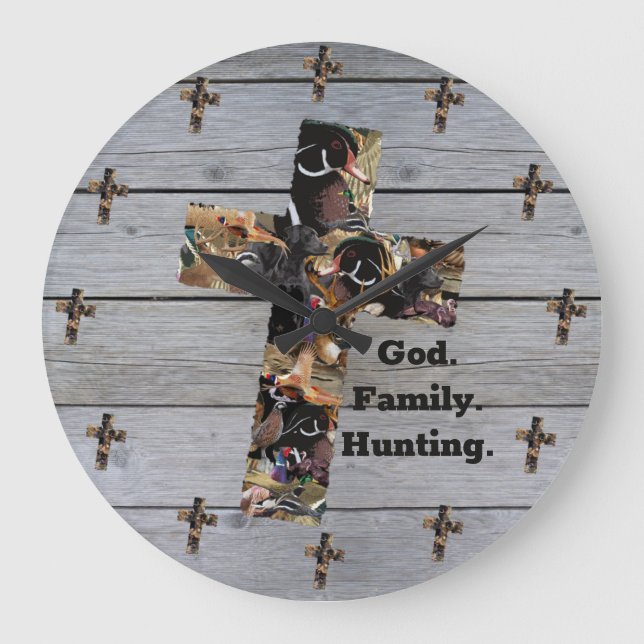 God, Family, Hunting Christian Cross Large Clock (Front)