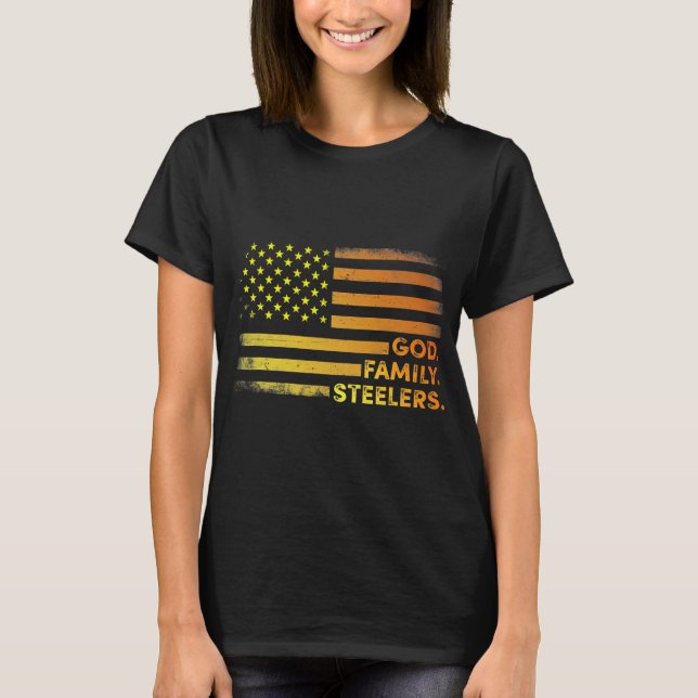 God Family Steelers Pro Us Flag T-Shirt (Front)
