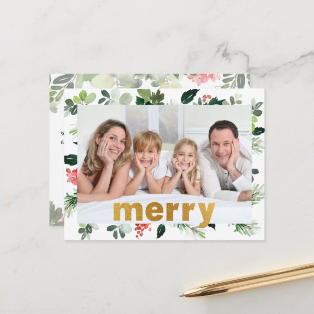 God Foil Merry Festive Greenery Personalized Photo Holiday Postcard (Front/Back In Situ)