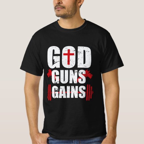 God Guns Gains for Men T_Shirt