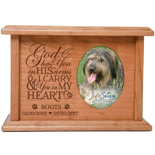 God Has You In His Arms Cherry Wood Pet Urn (Front)