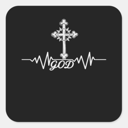 God Heartbeat Cross Christian Faith Pulse Square Sticker