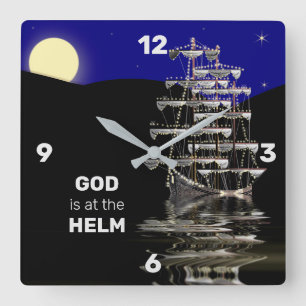 GOD IS AT THE HELM SHIP CLOCK, CHRISTIAN SQUARE WALL CLOCK