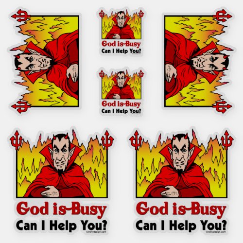 God Is Busy Can I Help You Funny Satan Contour Cut Sticker