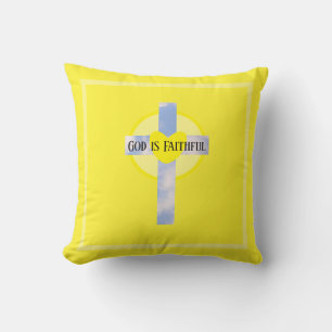 God is Faithful Cross Healing Bible Verse Yellow Throw Pillow