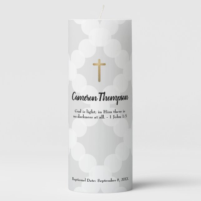 God is light bible verse Grey Baptism  Pillar Candle (Front)