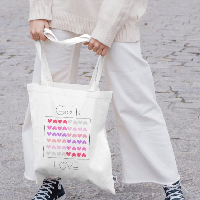 God is Love 1 John 4:8 Pink Heart Pattern Tote Bag (Bible Verse on Natural Canvas Tote Bag.)