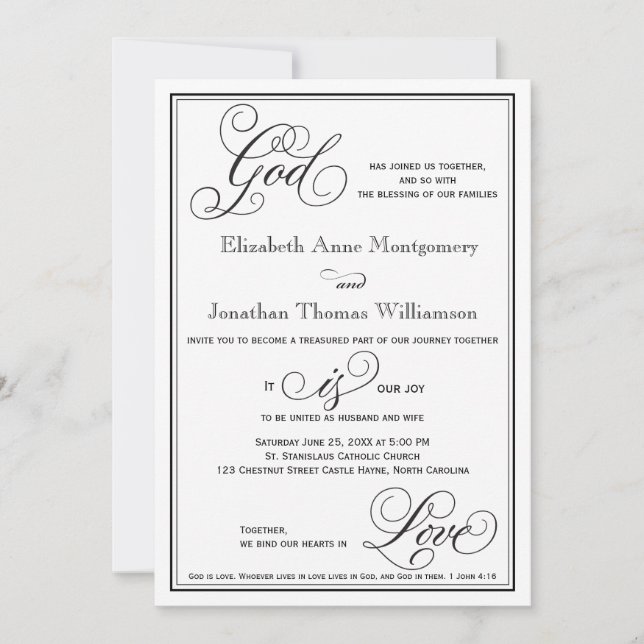 God is Love Christian Script Wedding Invitation (Front)