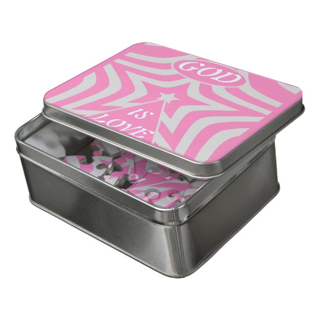 "God Is Love" Pastel Pink & Gray Star Christening  Jigsaw Puzzle (Lid Open)