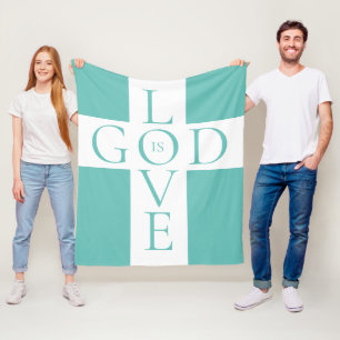 God Is Love Quote Christian Aqua Blue and White Fleece Blanket