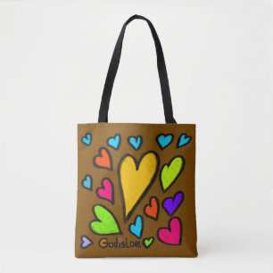 God is Love with Hearts Brown Tote Bag