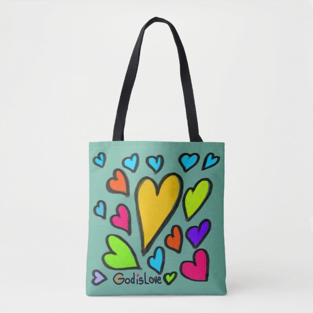 God is Love with Hearts Turquoise Tote Bag (Front)