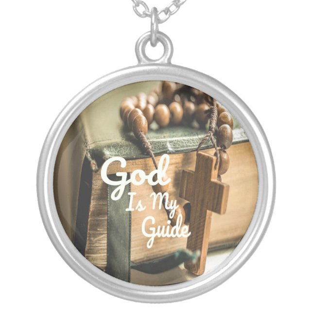 God Is My Guide Bible and Rosary Cross Silver Plated Necklace (Front)