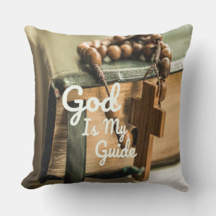 God Is My Guide Bible and Rosary Cross Throw Pillow