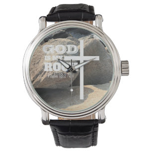 God is My Rock Bible Verse White Cross Christian Watch
