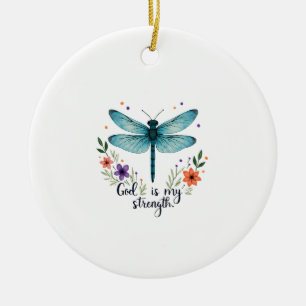 God is my strength Floral Dragonfly Christian T-Sh Ceramic Ornament
