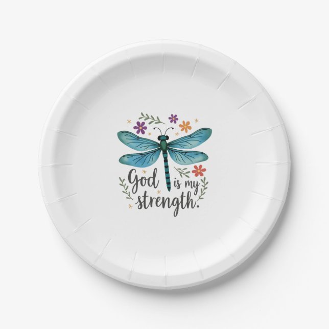God is my strength Floral Dragonfly Christian T-Sh Paper Plates (Front)