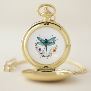 God is my strength Floral Dragonfly Christian T-Sh Pocket Watch