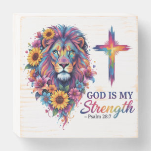 God Is My Strength Lion & Floral Faith Wooden Box Sign