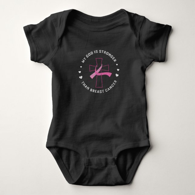 God Is Stronger Breast Cancer Awareness Christian  Baby Bodysuit (Front)