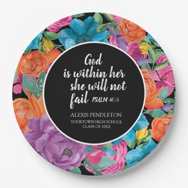 God is Within Her Christian Graduation Floral Paper Plates (Front)