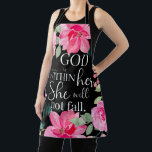 God is within her - Psalm 46:5 Pink Floral Apron<br><div class="desc">God is within her She will not fall - Psalm 46:5 with Pink Floral Wreath and Black Background. Great gifts for her.</div>