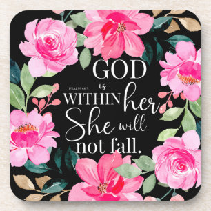 God is within her - Psalm 46:5 Pink Floral Beverage Coaster