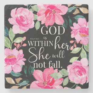 God is within her - Psalm 46:5 Pink Floral Stone Coaster