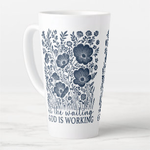 God is Working in Waiting Blue Floral Christian Latte Mug