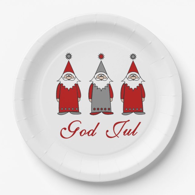 God Jul | Cute Funny Tomten Norwegian Christmas Paper Plates (Front)