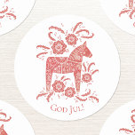 God Jul Dala Horse Red Holidays Classic Round Sticker<br><div class="desc">Traditional Swedish or Norwegian Dalecarlian Dala Horse folk art in red and white.  Original art by Nic Squirrell.  Change the God Jul text to customize.</div>