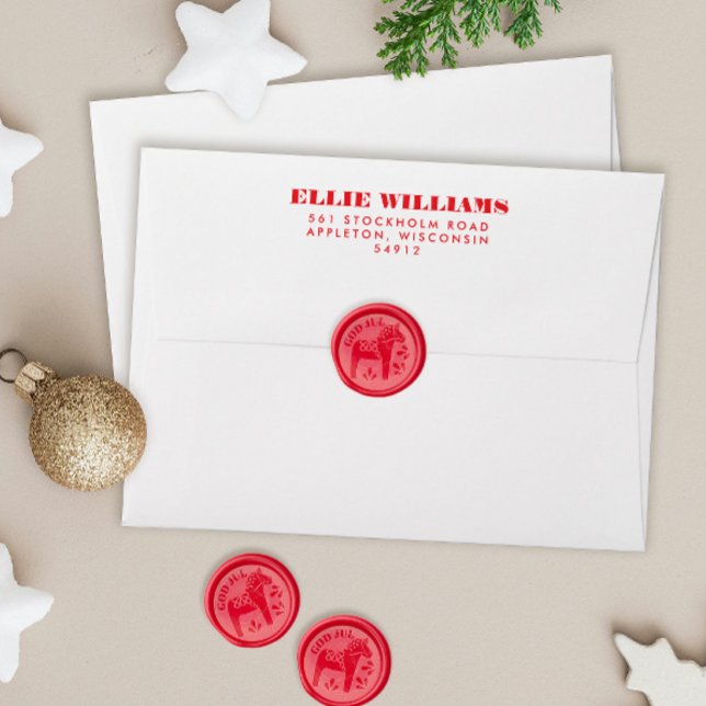 God Jul Holiday Dala Horse Wax Seal Sticker (Swedish Dala horse envelope with printed return address on back flap and matching wax seals)