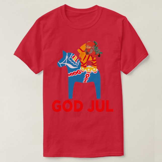 God Jul Merry Christmas Dala Horse Tomte Julbock S T-Shirt (Design Front)