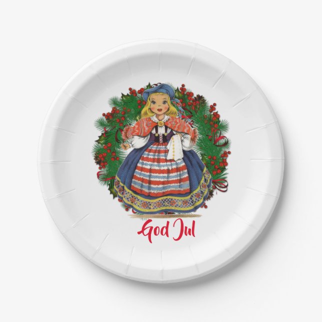 God Jul Merry Christmas Swedish Retro Doll Paper Plates (Front)