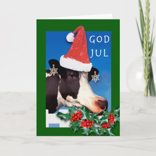 God Jul Norwegian Christmas Cow with Santa Hat Holiday Card