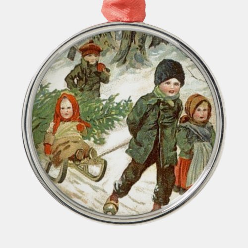 God Jul or Tiny Children in the Snow Metal Ornament