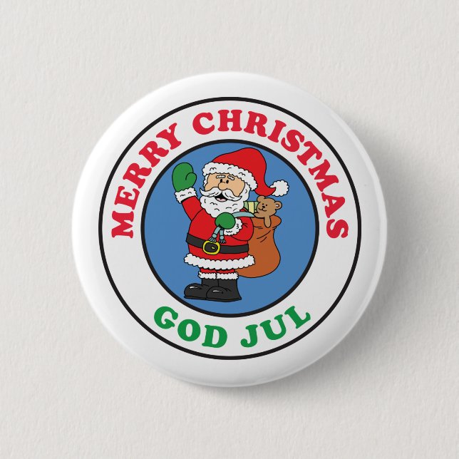 God Jul Swedish Christmas Santa Button (Front)