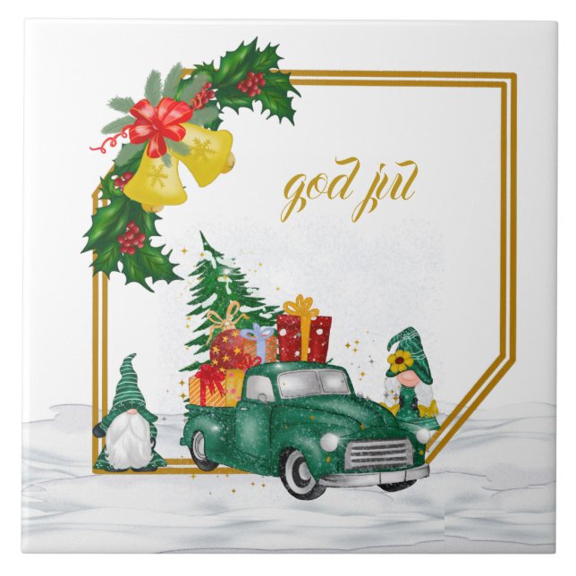 God Jul Swedish Gnomes Green Couple Ceramic Tile (Front)