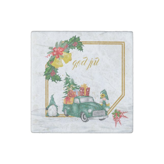 God Jul Swedish Gnomes Green Couple  Stone Magnet (Front)