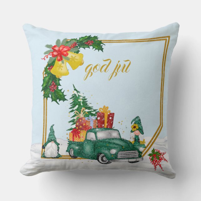God Jul Swedish Gnomes Green Couple  Throw Pillow (Front)