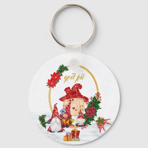 God Jul Swedish Gnomes Red Family Keychain