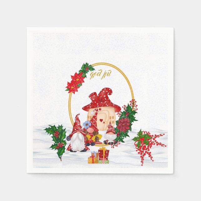 God Jul Swedish Gnomes Red Family  Napkins (Front)