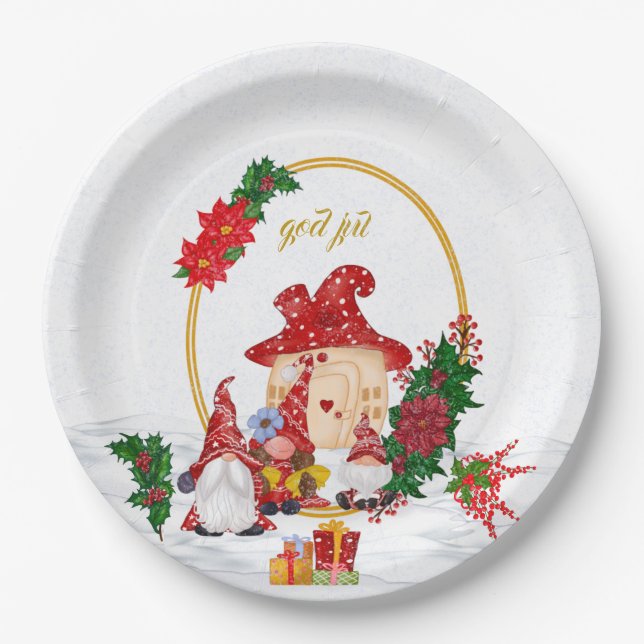 God Jul Swedish Gnomes Red Family  Paper Plates (Front)