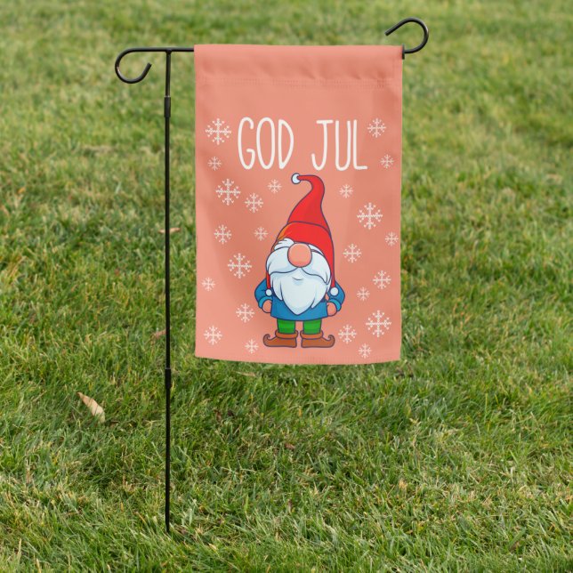God Jul, Swedish Tomte Gnome, Scandinavian Merry Garden Flag (In SItu)